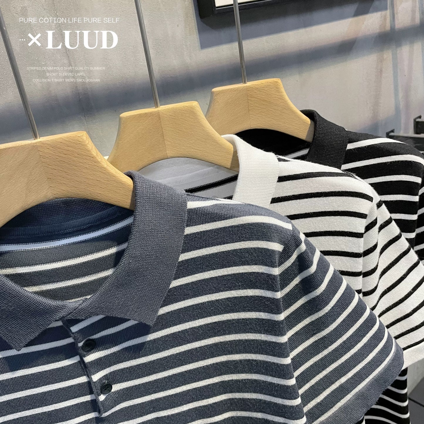 LUUD retro trend black and white striped short-sleeved slim-fit breathable casual top summer men's knitted polo shirt