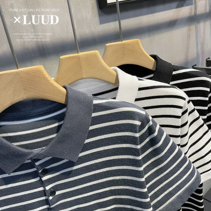LUUD retro trend black and white striped short-sleeved slim-fit breathable casual top summer men's knitted polo shirt