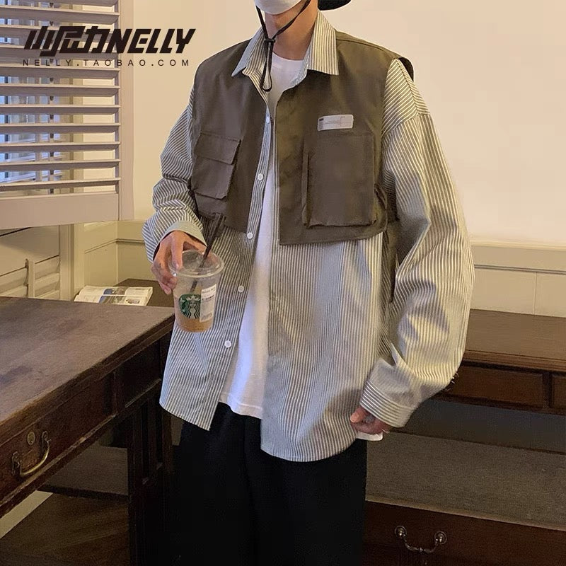 ins shirt men's and women's workwear Japanese retro autumn trendy brand long-sleeved shirt high street Hong Kong style functional coat inch shirt