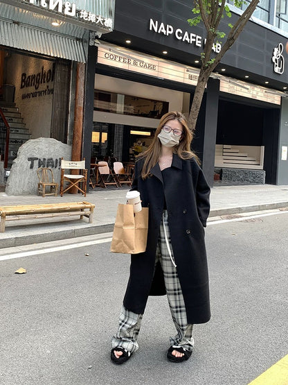 Wu 77 temperament and high-end double-sided woolen long coat for women autumn and winter Korean style loose and slim double-breasted woolen coat