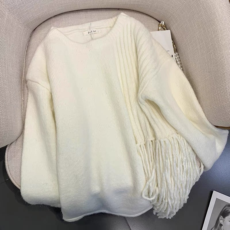 Korean style lazy style white round neck sweater for women autumn and winter design niche fashionable personality tassel sweater top