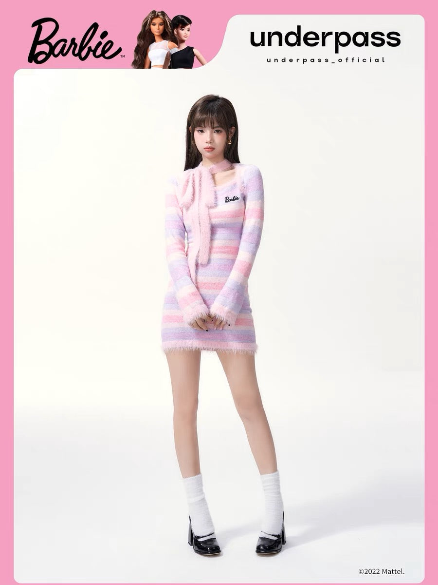 underpassX Barbie barbie joint style sweet and spicy striped tight halterneck butterfly bottoming hip dress