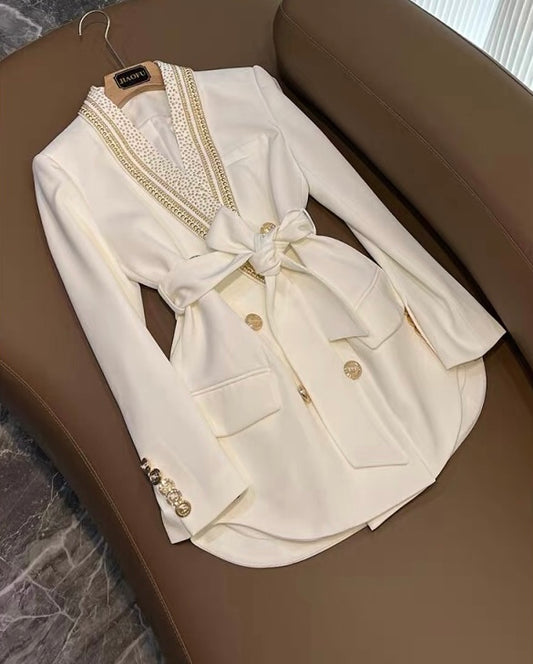 2023 Autumn Fashion New Iron Metallic Belt Green Fruit Collar Mid-Length Quality Women's Suit Jacket (B7918)