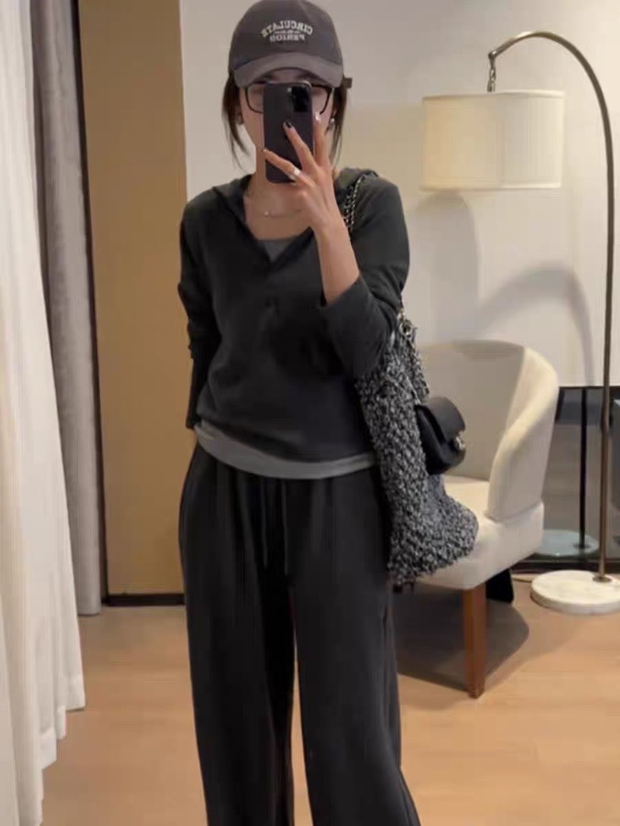 Casual sports style suit women's early autumn hooded sweater lazy wide-leg pants three-piece suit Internet celebrity salt system fried street fashion