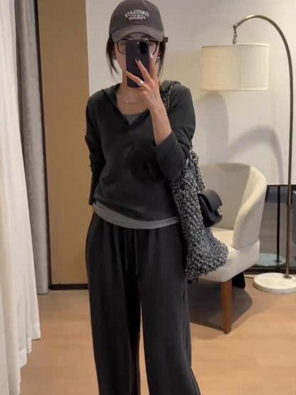 Casual sports style suit women's early autumn hooded sweater lazy wide-leg pants three-piece suit Internet celebrity salt system fried street fashion