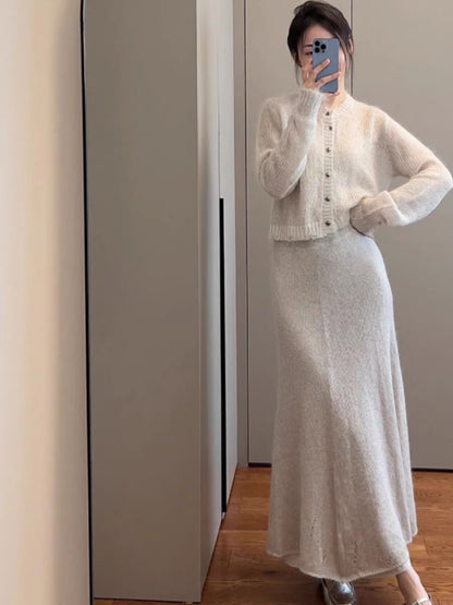 Elegant and fashionable mohair knitted cardigan skirt suit royal sister temperament salty gentle two-piece autumn and winter