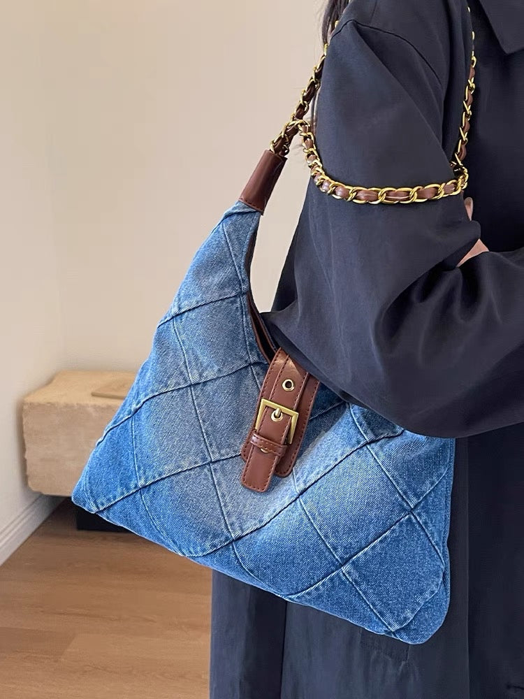 Simple casual color contrast portable large-capacity bag female 2023 new denim tote bag high-end shoulder bag