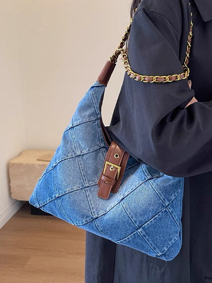 Simple casual color contrast portable large-capacity bag female 2023 new denim tote bag high-end shoulder bag
