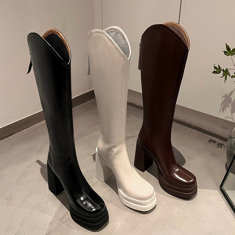 Small height-increasing boots leather high boots 2023 new super high-heeled knight boots no more than knee white long shoes