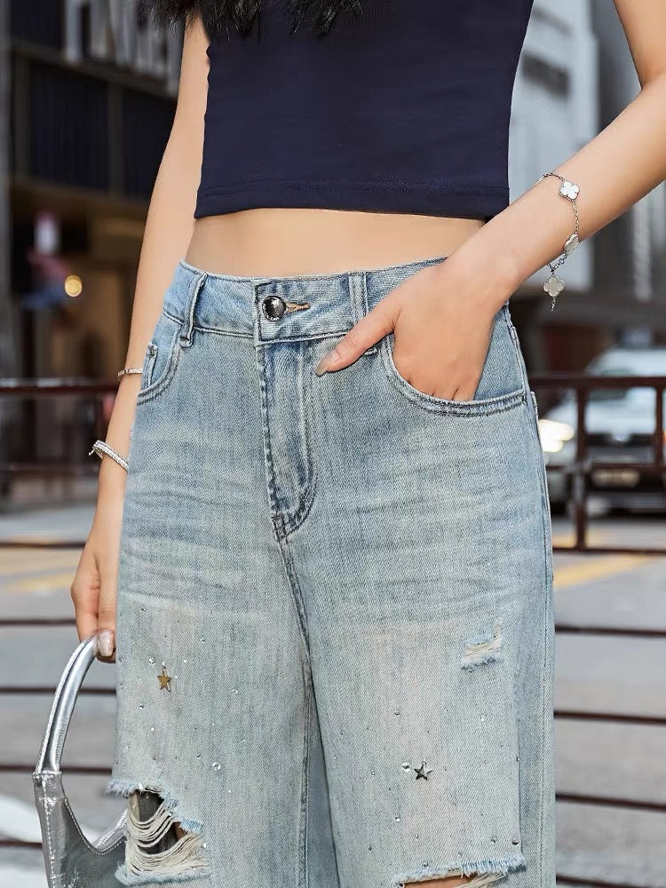 High-waisted perforated ripped straight wide-leg jeans for women 2023 autumn new thin loose drape floor mopping pants (P141)