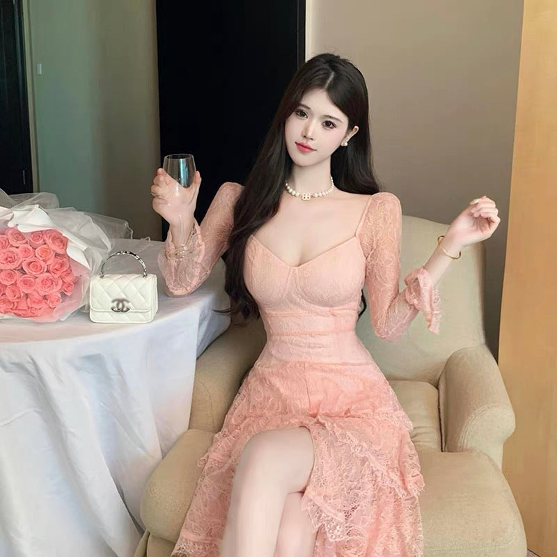 Sweet pink birthday skirt for women, autumn temperament, gentle style, high waist slit lace cake long dress for ladies