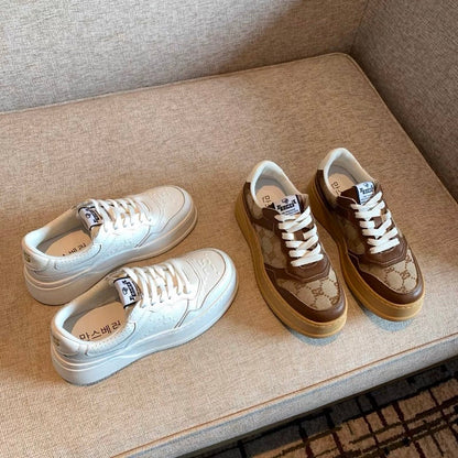 Thick-soled casual sneakers for women 2023 spring new style genuine leather lace-up round toe versatile color-blocked retro white shoes for women (G012