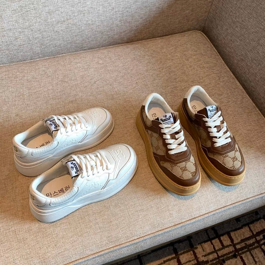 Thick-soled casual sneakers for women 2023 spring new style genuine leather lace-up round toe versatile color-blocked retro white shoes for women (G012