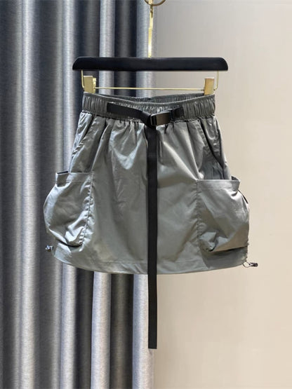 Summer workwear short skirt for women 2023 thin drawstring elastic waist large pockets A-line age-reducing flower bud skirt to prevent exposure