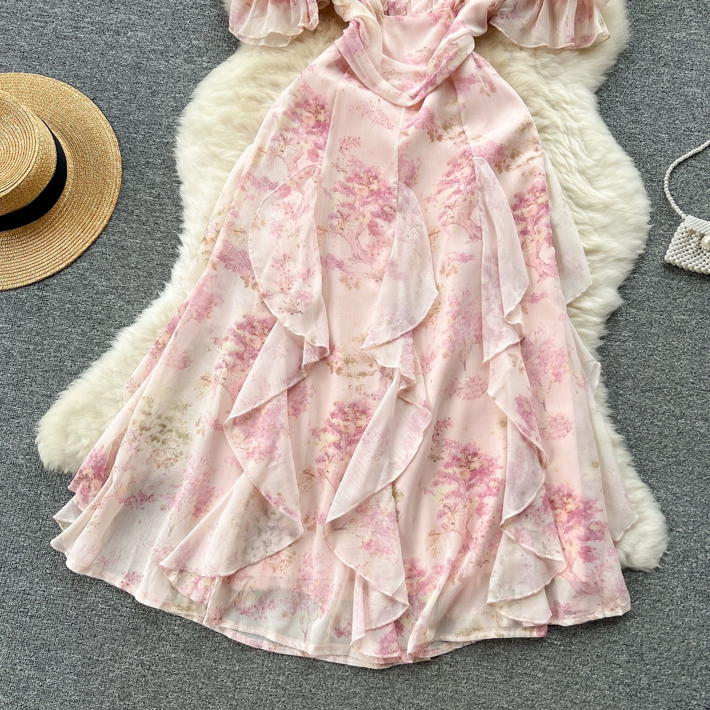 2023 Summer New Sweet Floral Dress Women's French Tea Break Off-Shoulder Straps Irregular Fairy Long Skirt