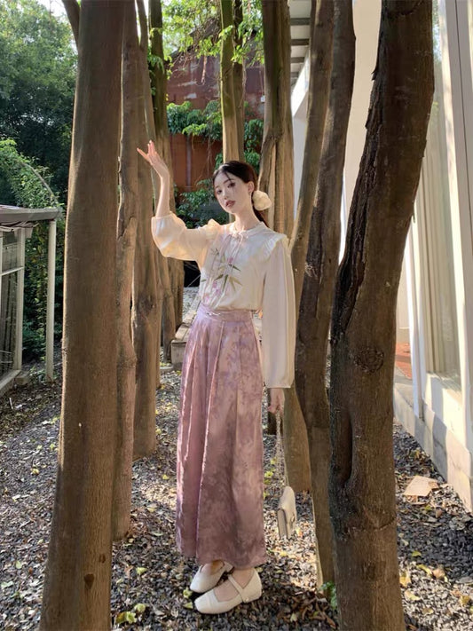 kumikumi new Chinese suit women's embroidered loose long-sleeved shirt early autumn high-waist skirt culottes two-piece set