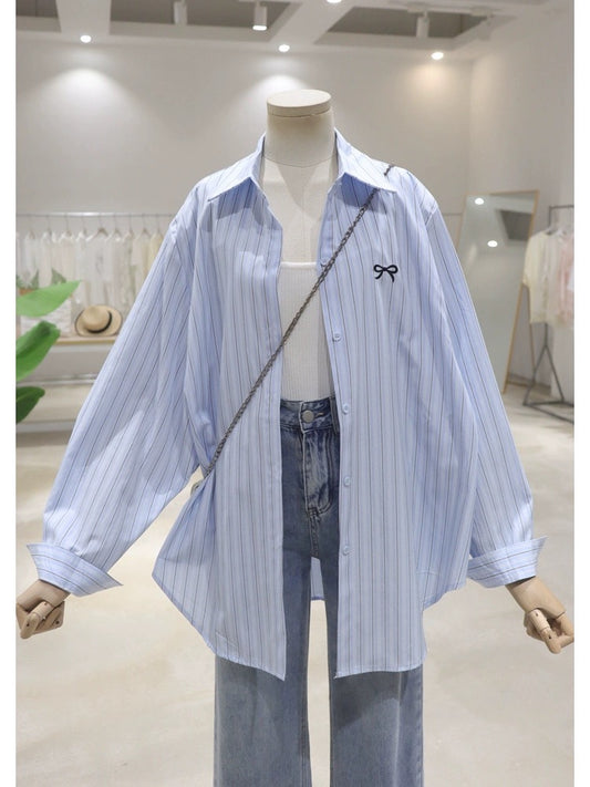 Korean style high quality bow embroidery 2024 summer loose slim medium and long cotton striped long-sleeved shirt for women