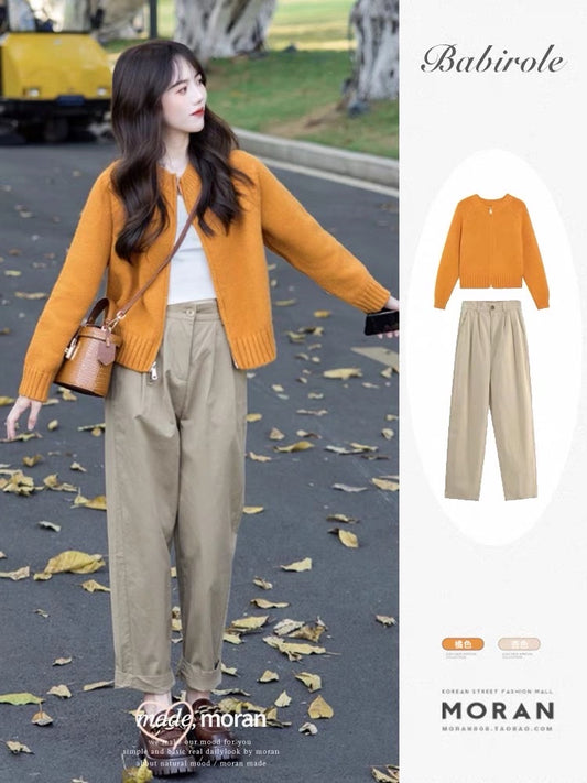 Japanese lazy sweater zipper jacket knitted cardigan pants two-piece suit autumn and winter small people wear a complete set