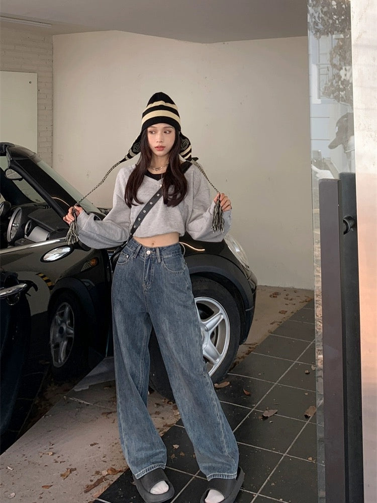 Hong Kong style retro distressed jeans for women in spring, loose and drapey straight wide-leg pants, high-waisted, slim floor-length pants