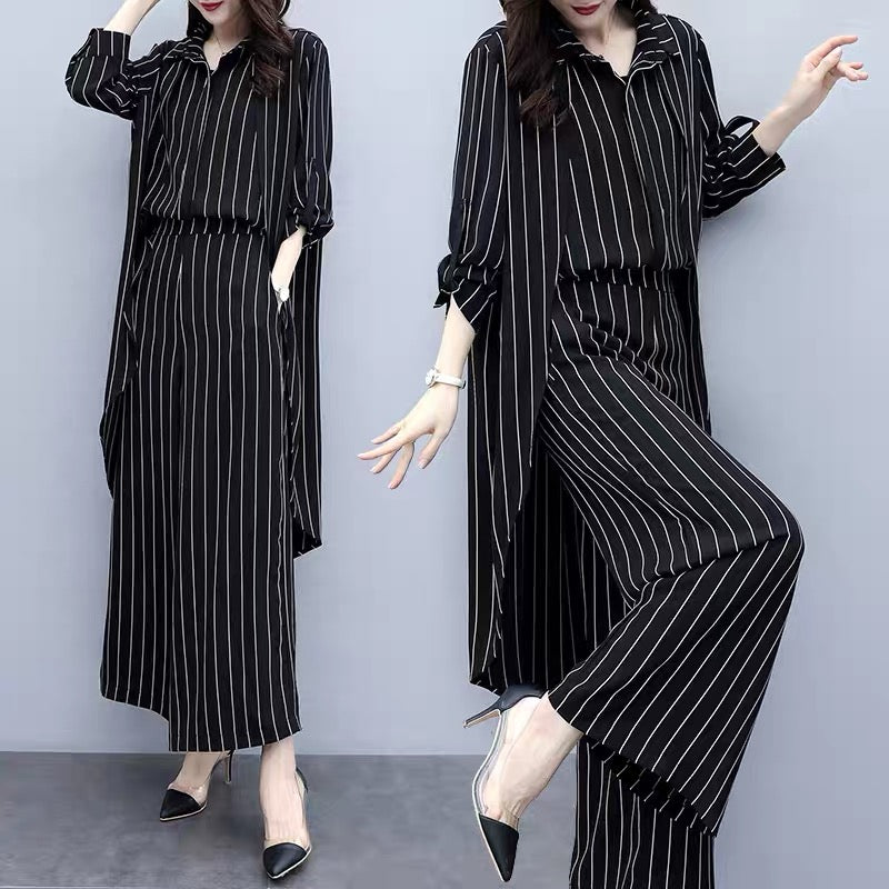 2023 new autumn plus size women's loose black striped cardigan two-piece casual fashion wide-leg pants suit