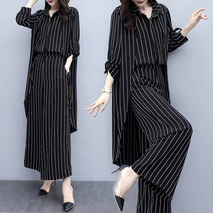 2023 new autumn plus size women's loose black striped cardigan two-piece casual fashion wide-leg pants suit