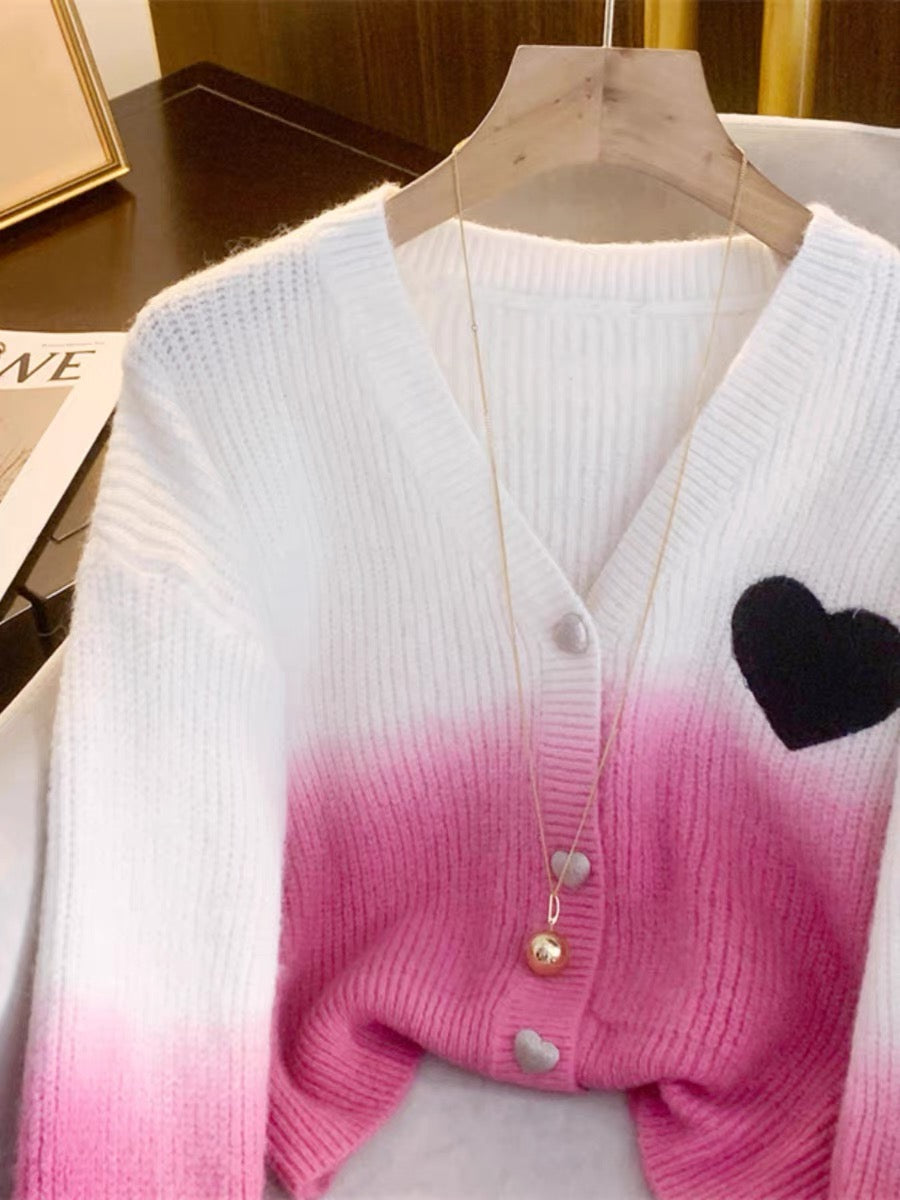 Gradient pink love V-neck knitted cardigan for women 2023 autumn and winter new style warm and soft waxy short outer sweater jacket V1135