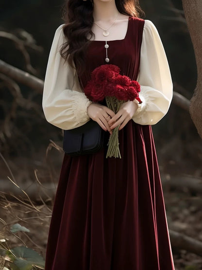 French high-end, super nice-looking little fragrant style retro velvet red dress women's autumn engagement dress toasting dress