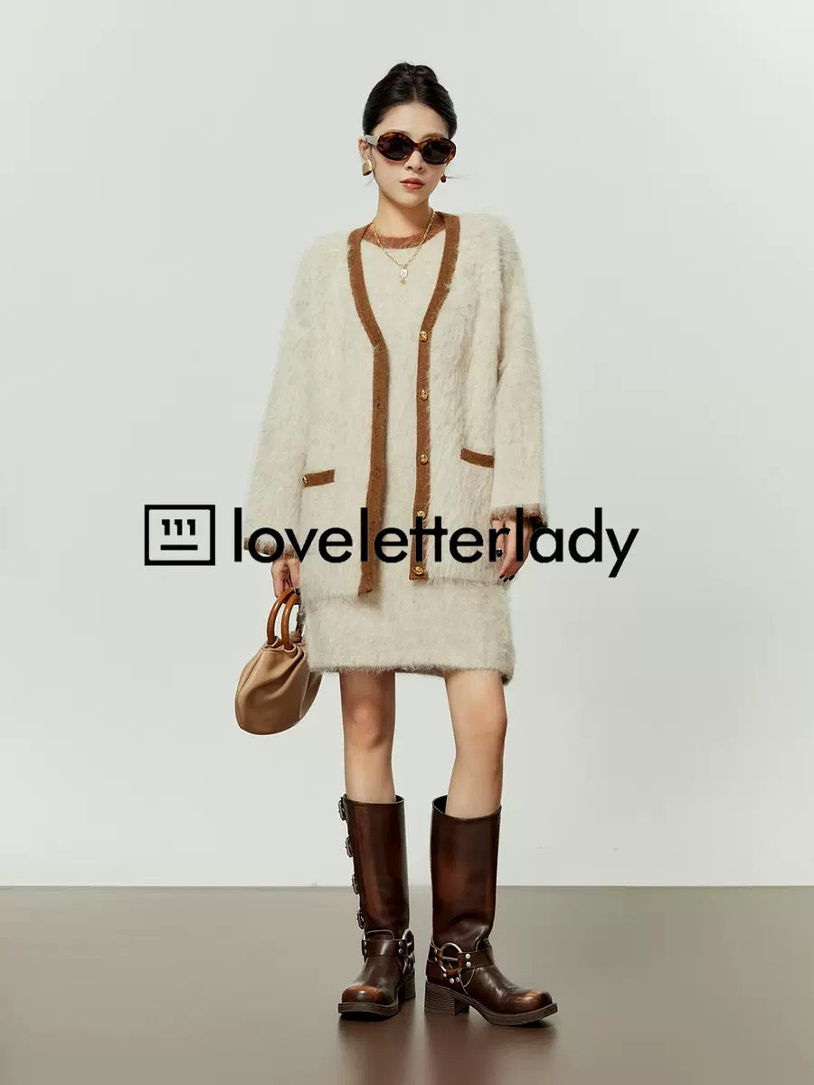 Zhou Liwu/This year's popular suit, small fragrant style for women, patchwork, contrasting color, lazy style cardigan dress, two-piece set for women