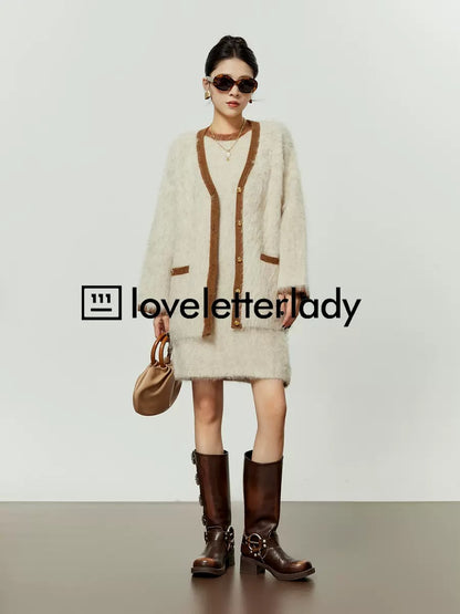 Zhou Liwu/This year's popular suit, small fragrant style for women, patchwork, contrasting color, lazy style cardigan dress, two-piece set for women