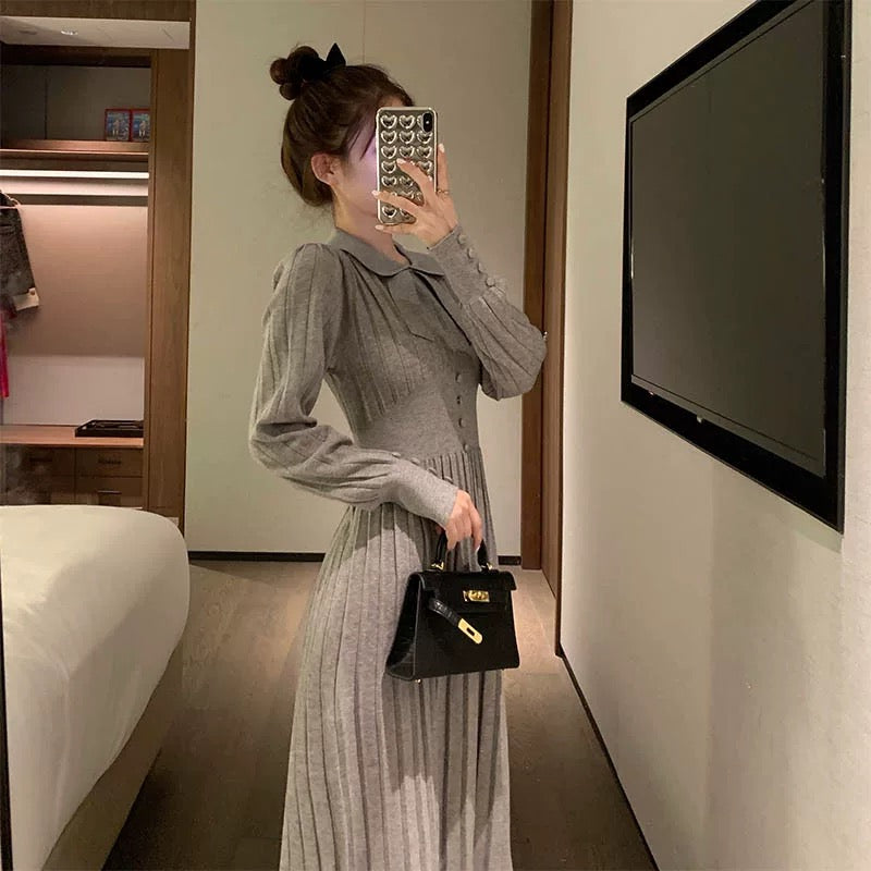 Winter French style gray knitted skirt bottoming dress with coat women's doll collar autumn and winter long skirt
