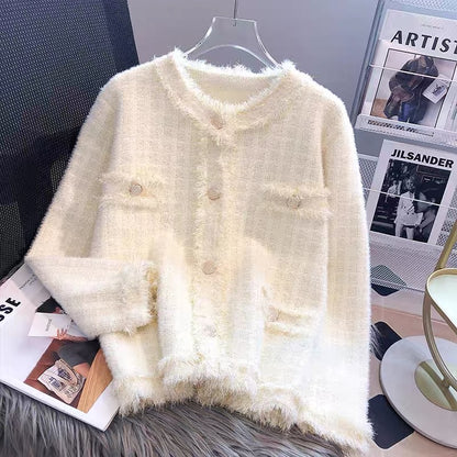 Imitation mink knitted cardigan sweater jacket for women autumn and winter thickened loose 2023 new style small fragrance popular European product