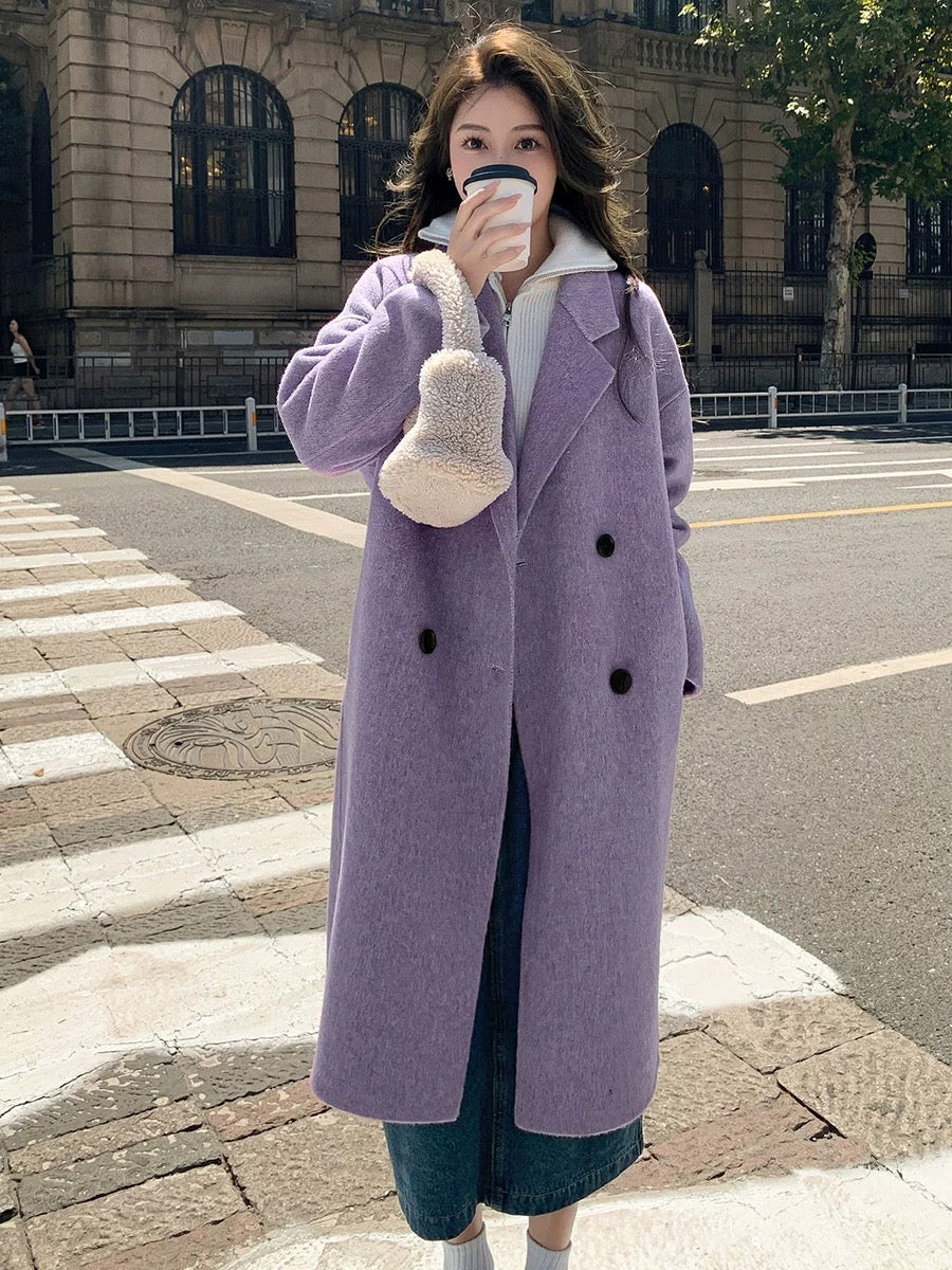 Pink double-faced velvet coat for women 2024 autumn and winter new Korean style loose mid-length Hepburn style woolen coat