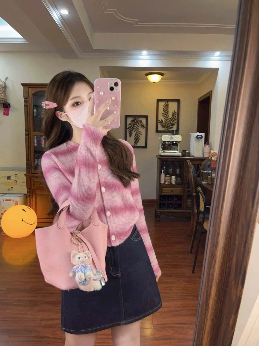 Dopamine Sweet Pink Knitted Cardigan Sweater Jacket Women's Slim Slim Spring and Autumn Denim Skirt Two-Piece Suit