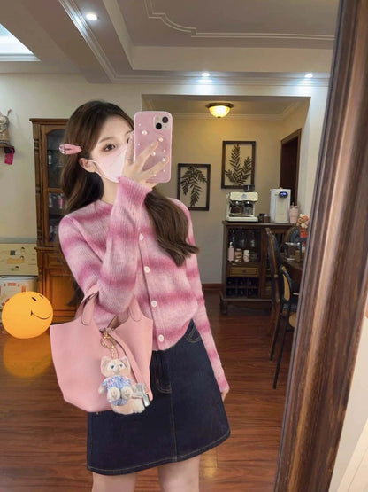 Dopamine Sweet Pink Knitted Cardigan Sweater Jacket Women's Slim Slim Spring and Autumn Denim Skirt Two-Piece Suit