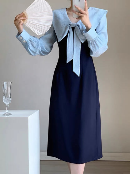 Autumn Women's Clothing 2023 New French Style Waist Slimming Navy Collar Gentle Style Design Niche Long Sleeve Dress