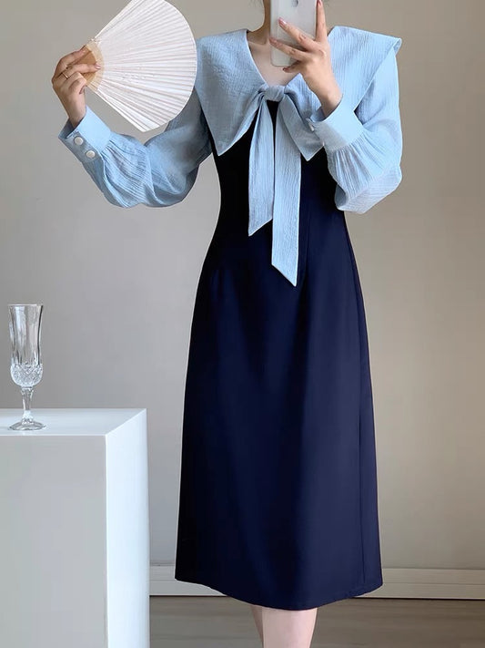 Autumn Women's Clothing 2023 New French Style Waist Slimming Navy Collar Gentle Style Design Niche Long Sleeve Dress