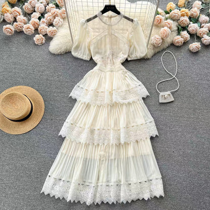 French Puff Sleeve Lace Spliced Pleated Cake Dress Women's Summer Waist Slimming Super Fairy First Love Dress (D0986)