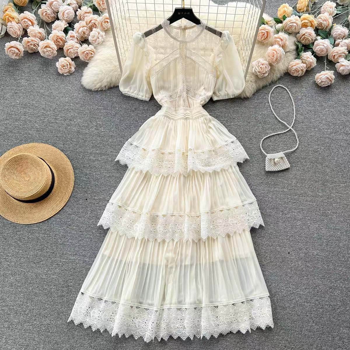 French Puff Sleeve Lace Spliced Pleated Cake Dress Women's Summer Waist Slimming Super Fairy First Love Dress (D0986)