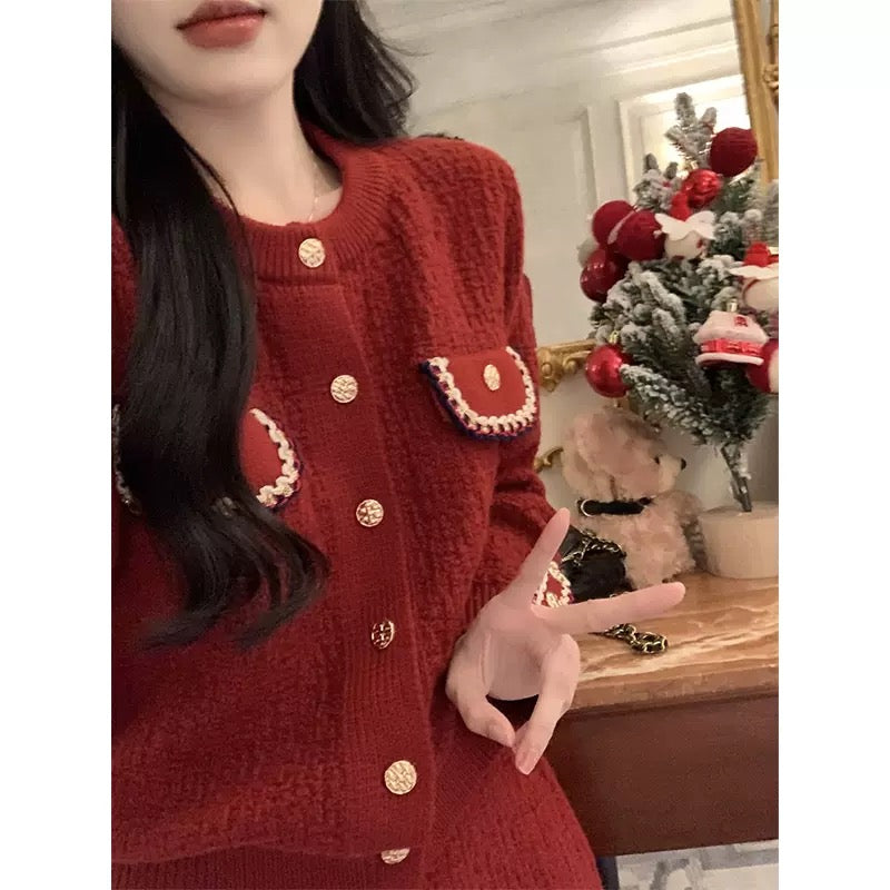 Fashionable little fragrance style Christmas red long-sleeved sweater jacket for women in autumn and winter high-waisted slimming temperament hip-hugging short skirt two-piece set T9495