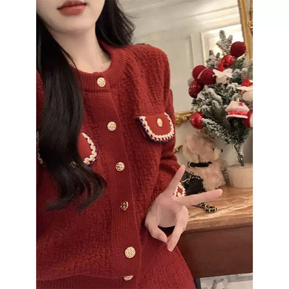 Fashionable little fragrance style Christmas red long-sleeved sweater jacket for women in autumn and winter high-waisted slimming temperament hip-hugging short skirt two-piece set T9495