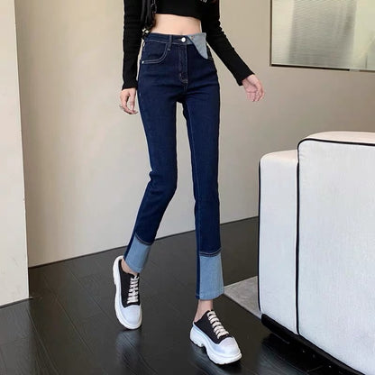 Designed splicing jeans for women 2023 spring high-waisted slimming Korean style boot-cut pants high-end light luxury versatile pants (B3914)