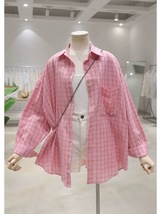 Skin-colored, thin and breathable 2024 summer loose and slim medium-length cotton long-sleeved sun-proof plaid shirt for women