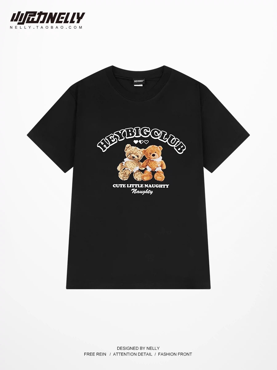 Short-sleeved T-shirts for men and women in summer new American loose bear print tops cityboy couple casual T-shirt trend