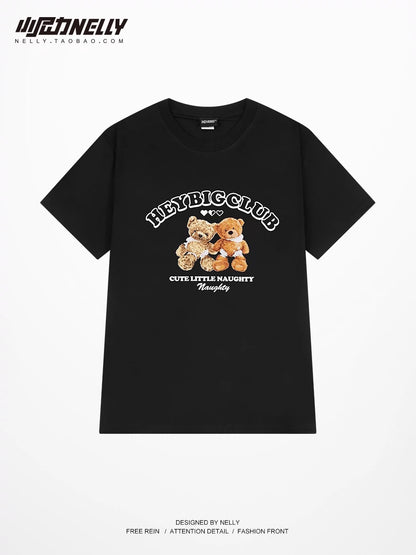 Short-sleeved T-shirts for men and women in summer new American loose bear print tops cityboy couple casual T-shirt trend