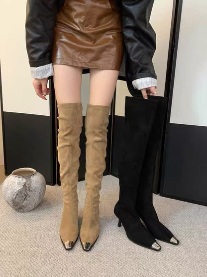 Pointed high heels piled long knight boots for women 2023 retro slim boots slim metal toe over-the-knee boots hot girl boots