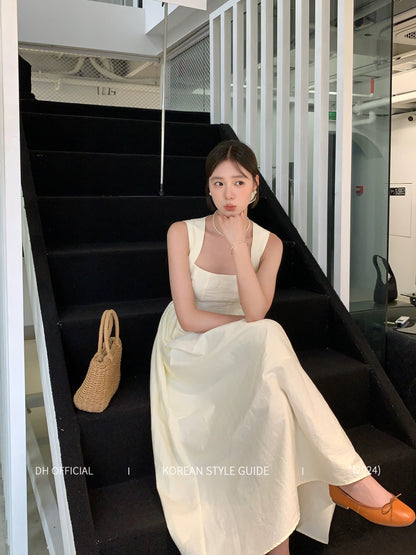 DH OFFICIAL big flower [champagne rose] summer Korean style French retro sling square neck dress for women