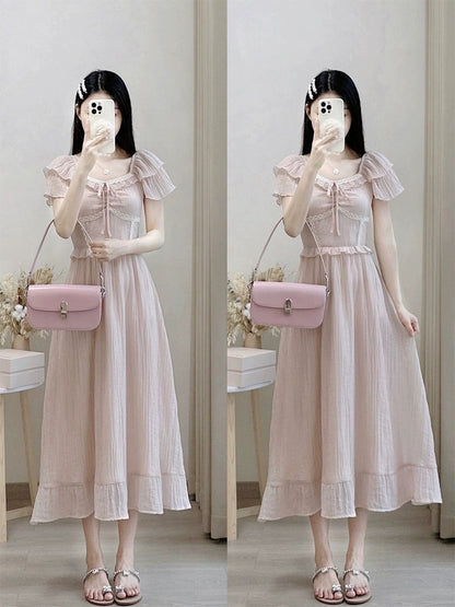 Platycodon French gentle style small flying sleeve dress women's summer texture high-end waist slimming fairy long dress