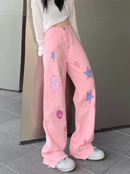 Japanese pink cartoon pattern jeans for women summer straight dopamine wear trousers design niche pants