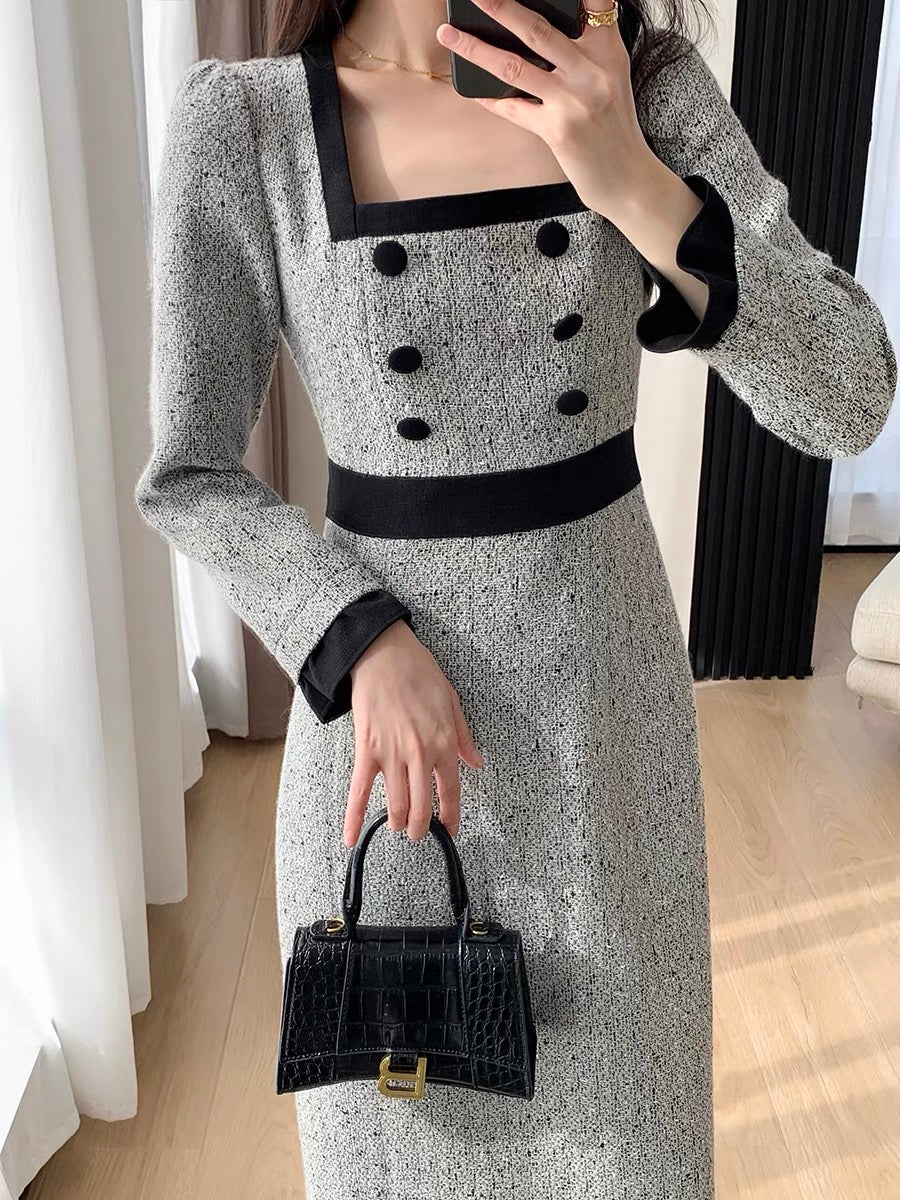 FT GUOGE small fragrant dress for women 2023 autumn new long-sleeved French retro slim square neck long skirt