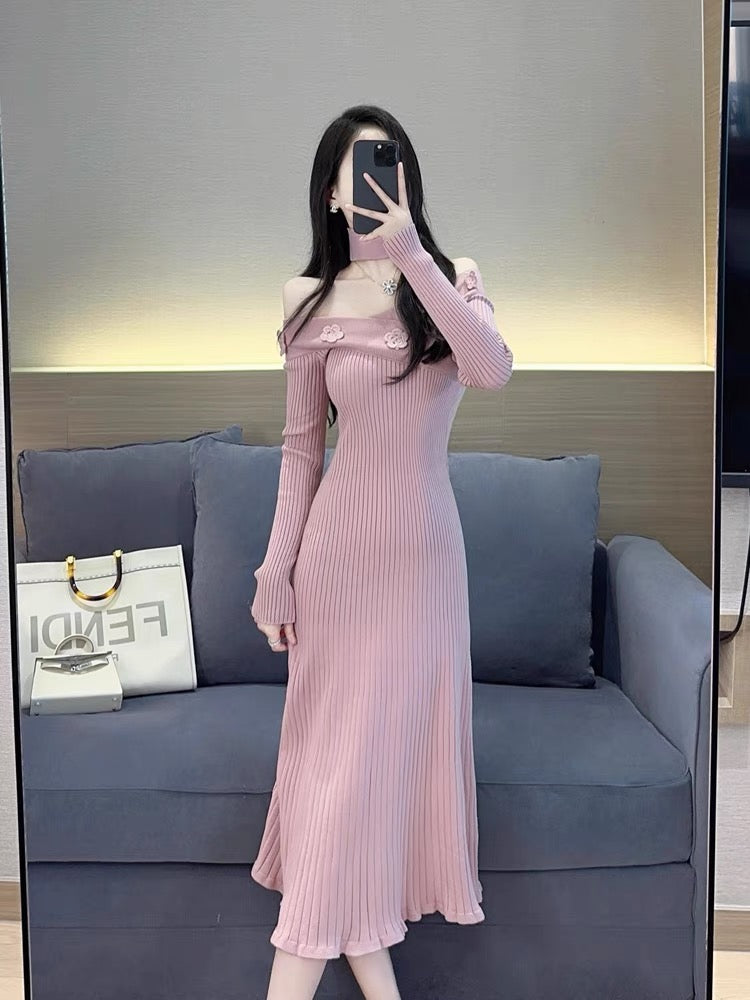 Pink knitted dress autumn women's 2023 new style elegant lady mid-length one-line collar off-the-shoulder bottoming skirt (S5555)